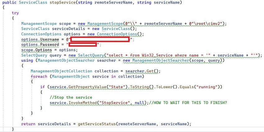 Code  to stop window service